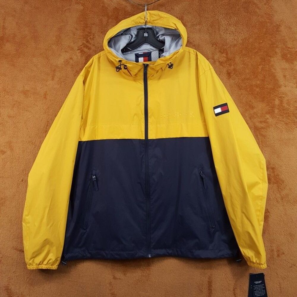 TOMMY HILFIGER Jacket Mens XL Yellow Navy Colorblock Hooded Water Wind Resistant